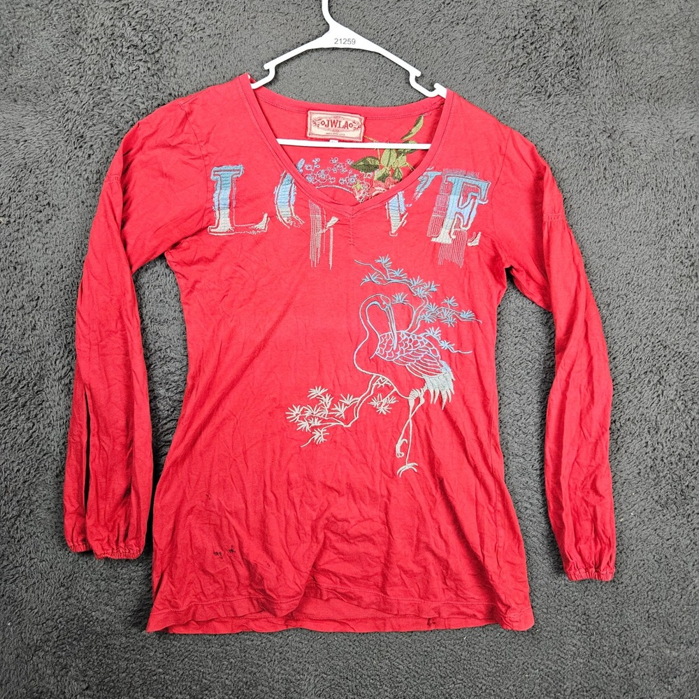 JWLA Johnny Was Red Embroidered Crane Love‎ V-Neck Long Sleeve Cotton Tee Large